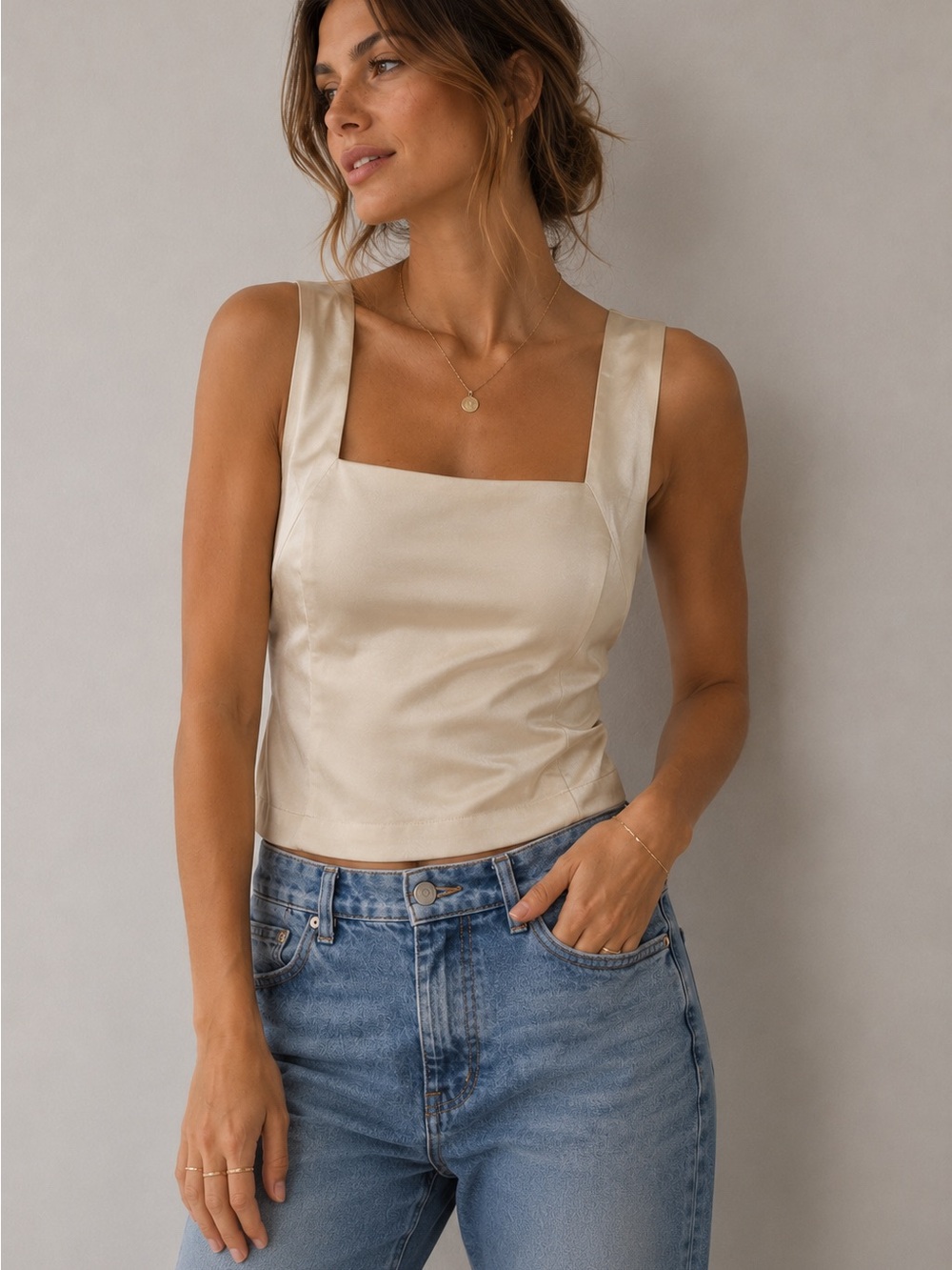 Abercrombie & Fitch Satin Square Neck Tank Top Cream Ivory Sleeveless Blouse L
